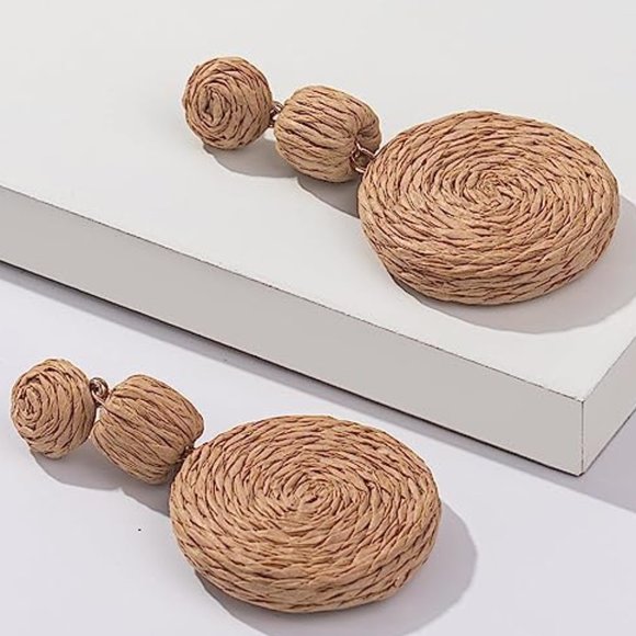 Tan Rafia Earrings Wicker Beach Statement Rattan Big Straw Dangle 80s 90s Retro - Picture 7 of 10